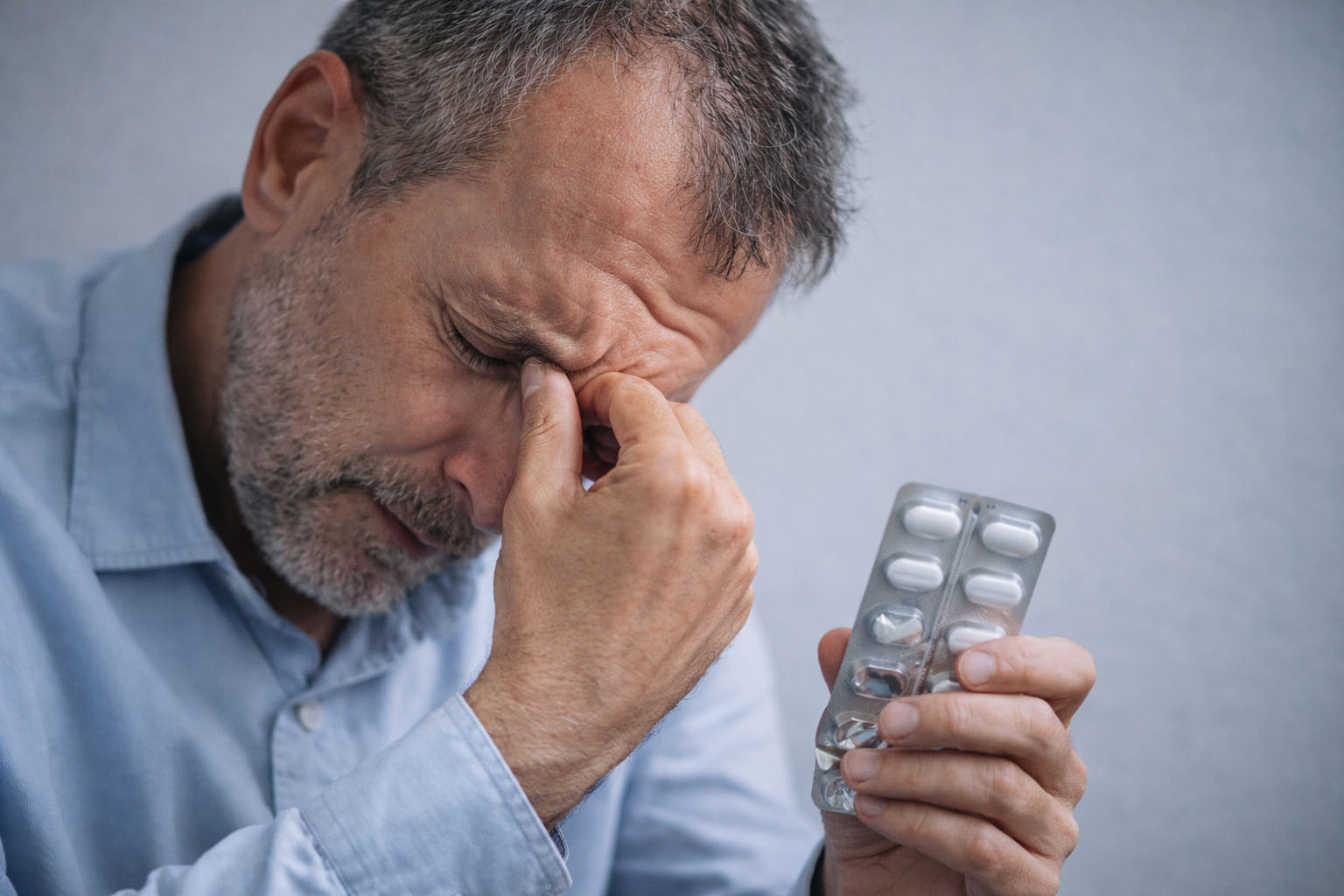 Paziente anziano affaticato dalla terapia farmacologica per nevralgia del trigemino