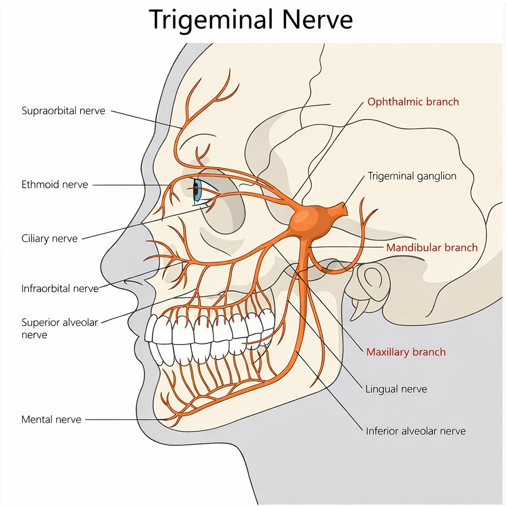 Mappa didattica delle tre branche del trigemino V1 V2 V3 sul volto