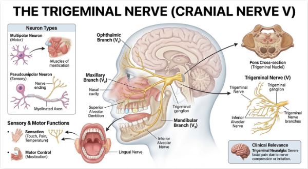Il nervo trigemino dalla sua origine verso i territori di innervazione, non solo sensitivi e termo-dolorifici