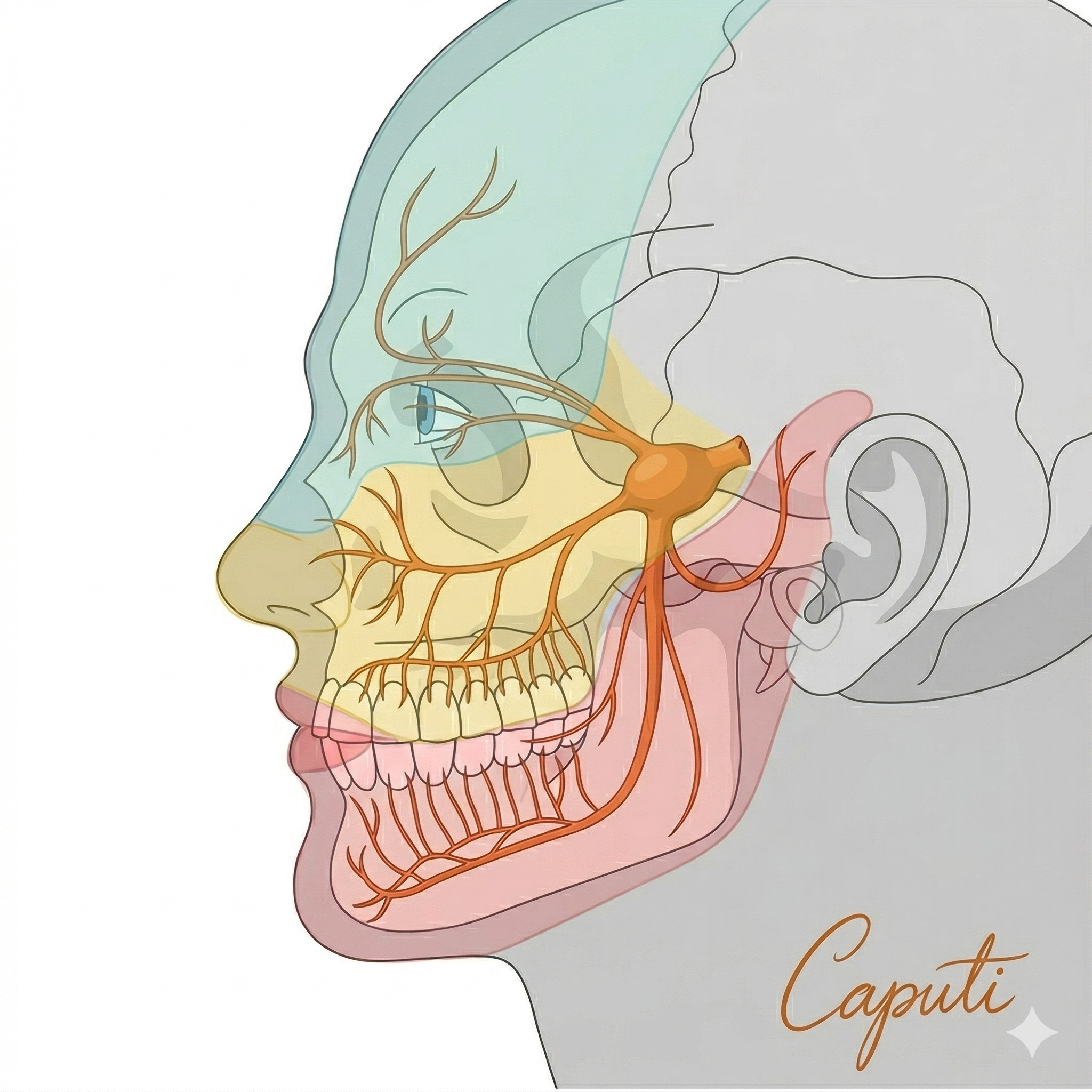 Distribuzione territoriale delle tre branche del nervo trigemino sul volto
